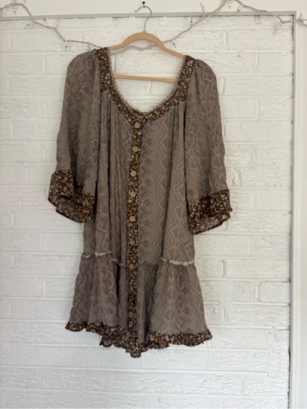 Boho Taupe Button-Front Peasant Dress